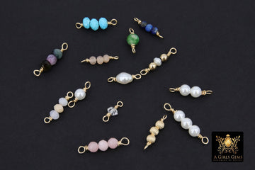 14 K Gold Wire Wrapped 3 Beads Connectors, 1 Beaded Gemstone Faceted Links, Permanent Jewelry Charms, Semi Precious Gemstones For Bracelets or Necklace Findings